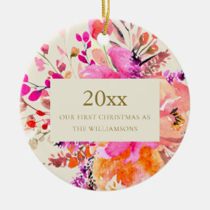 Adorno De Cerámica Primera Navidad Casados Personalizada Floral Rosa