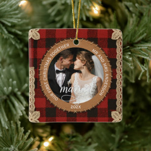 Adorno De Cerámica Primera Navidad Casados Plaid Madera Rústica