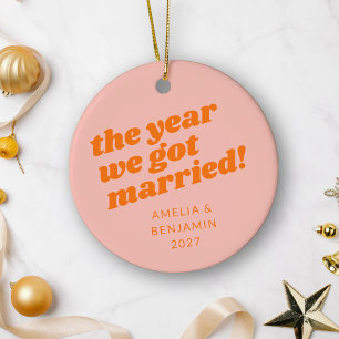 Adorno De Cerámica Primera Navidad Casados Rosa Naranja Personalizado