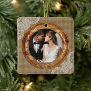 Adorno De Cerámica Primera Navidad casados Rustico Arpillera y Encaje
