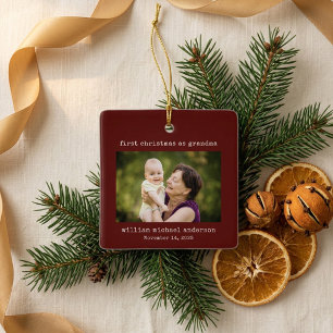 Adorno De Cerámica Primera Navidad como Abuela Foto Minimalista Roja