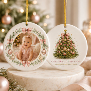 Adorno De Cerámica Primera Navidad como Abuelos Foto de Niña con Lazo