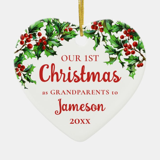 Adorno De Cerámica Primera Navidad como abuelos Holly Heart (Frente)