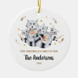 Adorno De Cerámica Primera Navidad como familia de cuatro mapaches