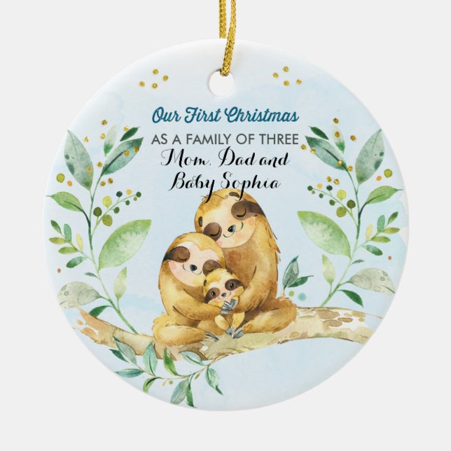 Adorno De Cerámica Primera Navidad como familia de los tres (Frente)