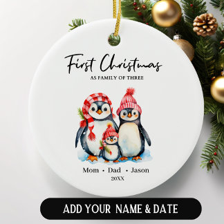 Adorno De Cerámica Primera Navidad como familia de tres pingüinos
