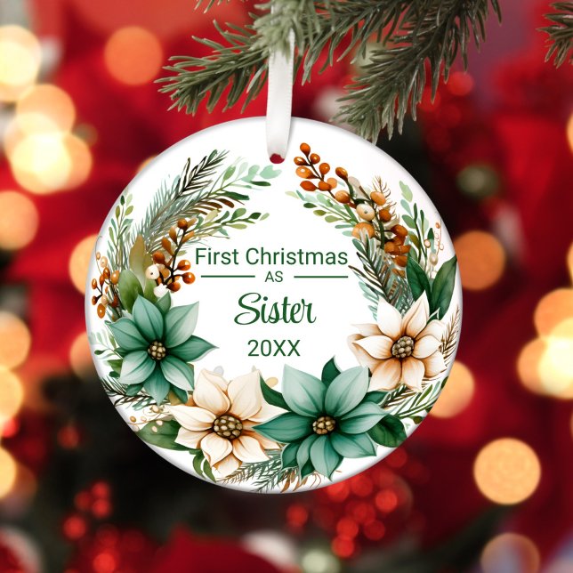 Adorno De Cerámica Primera Navidad como hermana Poinsettias verdes bl (Subido por el creador)