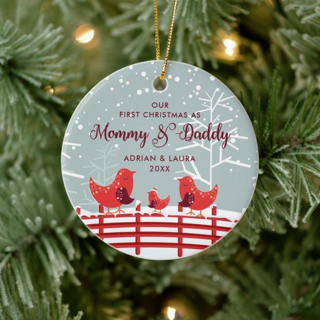 Adorno De Cerámica Primera Navidad como mamá papá personalizó aves (Árbol)