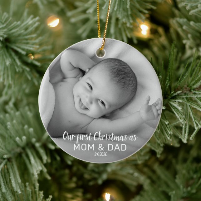 Adorno De Cerámica Primera Navidad como mamá y papá | Foto de bebé (Árbol)