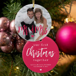 Adorno De Cerámica Primera Navidad como Mr. & Mrs. script nombre foto<br><div class="desc">Sube tu foto boda favorita (preferiblemente cuadrada),  inserta tu texto,  nombres y fecha,  y haz que este moderno y moderno adorno de árbol de Navidad rosa sea un regalo para recordarte tu primera Navidad juntos como Sr. y Sra.!</div>