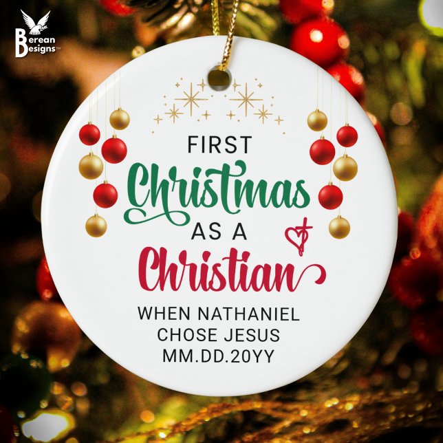 ADORNO DE CERÁMICA PRIMERA NAVIDAD COMO NUEVA CREENCIA CRISTIANA (Ideal FIRST CHRISTMAS AS A CHRISTIAN ornament for new believers. Personalize name and date.)