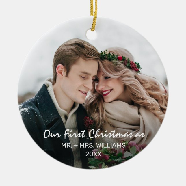 Adorno De Cerámica Primera Navidad como Sr. y Mrs. Photo (Frente)