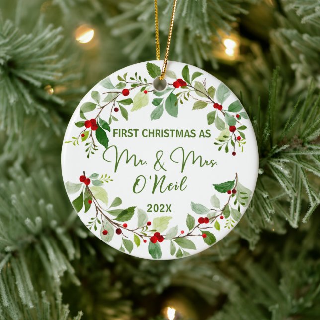 Adorno De Cerámica Primera Navidad como Sr. y Sra. (Árbol)