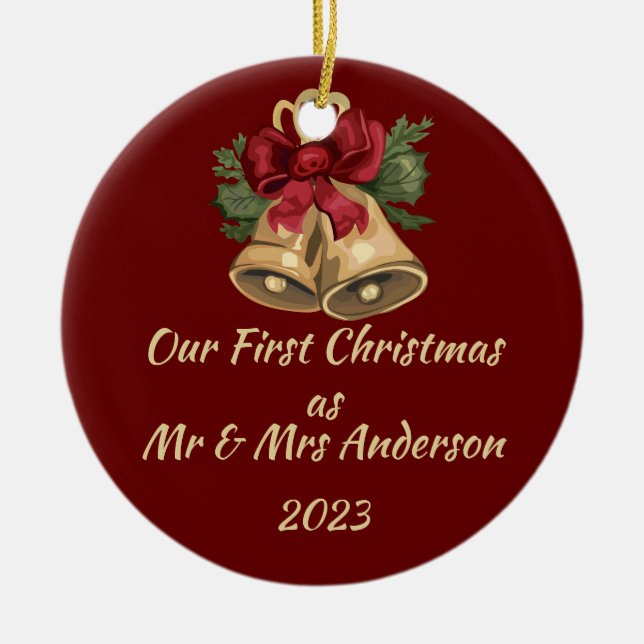 Adorno De Cerámica Primera Navidad como Sr. y Sra. nombres editables  (Frente)