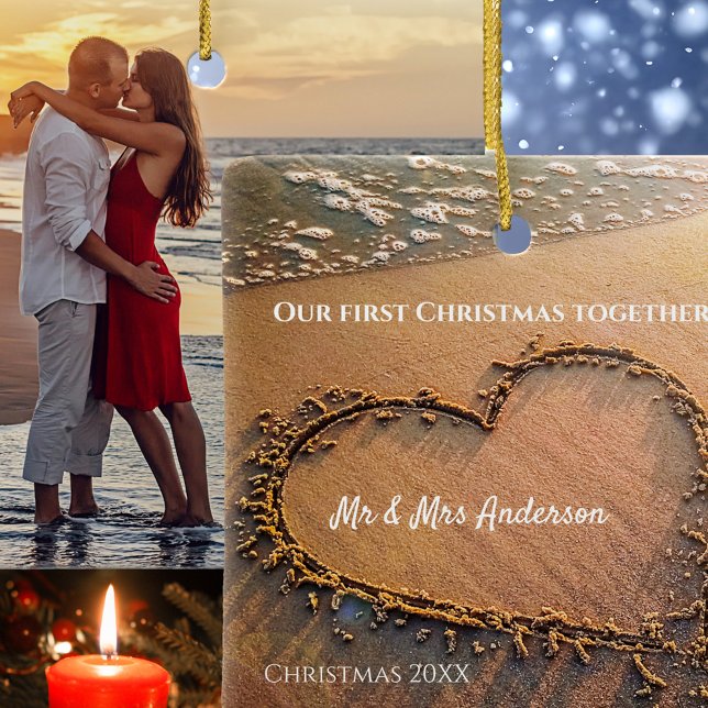 Adorno De Cerámica Primera Navidad como Sr. y Sra. Su Foto (Christmas ornament with your photo on one side and on the other an image of a heart on a beach)