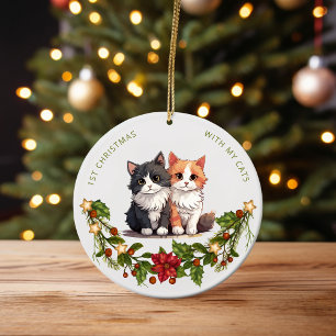 Adorno De Cerámica Primera Navidad con mis Gatos Acuarela floral