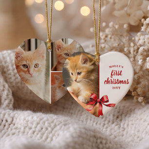 Adorno De Cerámica Primera Navidad con Nuestro Gatito 4 Foto Lazo Roj