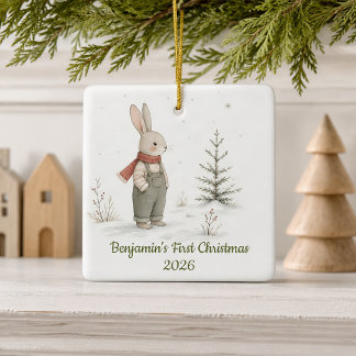 Adorno De Cerámica Primera Navidad Conejo Niño Personalizado