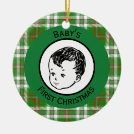 Adorno De Cerámica Primera Navidad de Bebé de Pelo Negro Vintage