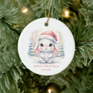 Adorno De Cerámica Primera Navidad de Bebé Niña Conejo Rosa Foto
