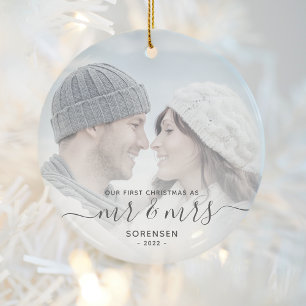 Adorno De Cerámica Primera Navidad de Casados Personalizada Foto Gris