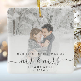 Adorno De Cerámica Primera Navidad de Casados Personalizada Foto Gris