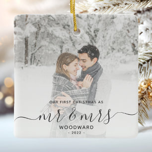 Adorno De Cerámica Primera Navidad de Casados Personalizada Foto Gris