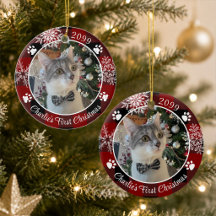 Primera Navidad de Gato Foto Cuadro de Plaid Rojo