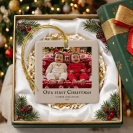 Adorno De Cerámica Primera Navidad de gemelos foto de bebé Beige