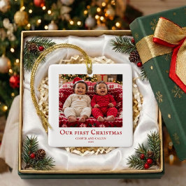 Adorno De Cerámica Primera Navidad de gemelos foto de bebé Rojo y Bla
