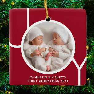 Adorno De Cerámica Primera Navidad de Gemelos Foto Personalizada Rojo