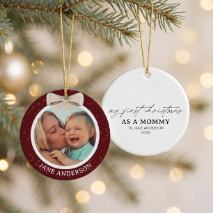 Adorno De Cerámica Primera Navidad de la Madre Foto Lazo Blanco Cherr