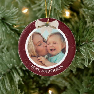 Adorno De Cerámica Primera Navidad de la Madre Foto Lazo Blanco Cherr