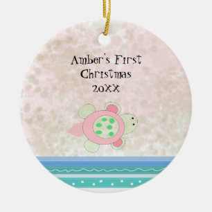 Adorno De Cerámica Primera Navidad de la Tortuga Rosa Bebé