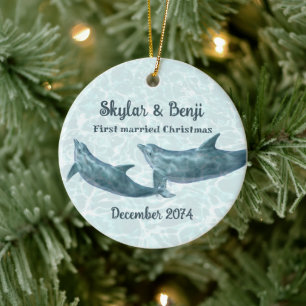 Adorno De Cerámica Primera Navidad de Pareja de Delfines Casados