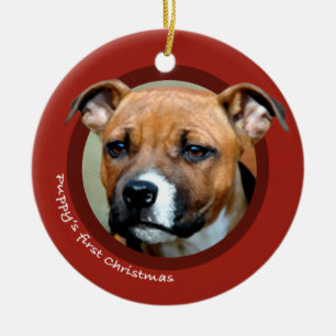 Adorno De Cerámica Primera Navidad de Puppy (American Staffordshire)