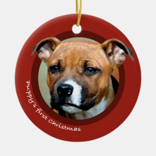 Adorno De Cerámica Primera Navidad de Puppy (American Staffordshire) (Frente)