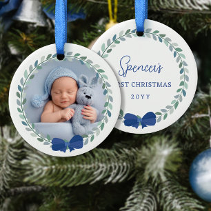Adorno De Cerámica Primera Navidad de un bebé de coraje azul adorado