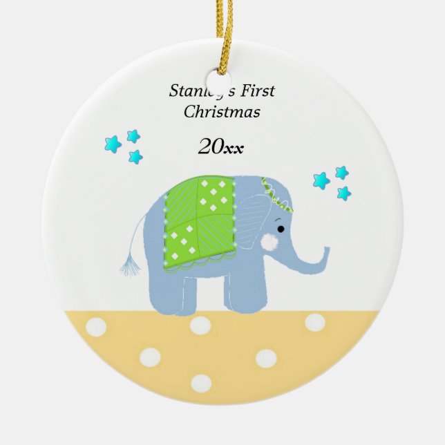 Adorno De Cerámica Primera Navidad de un bebé elefante indio (Frente)