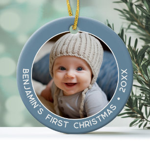 Adorno De Cerámica Primera Navidad del Bebé - Azul Pastel de Denim Si