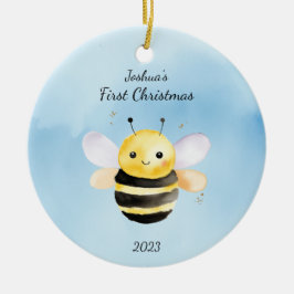 Adorno De Cerámica Primera Navidad del bebé, BumbleBee azul personali