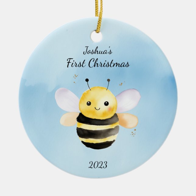 Adorno De Cerámica Primera Navidad del bebé, BumbleBee azul personali (Frente)