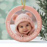Adorno De Cerámica Primera Navidad del bebé - Chica simple rosa de co<br><div class="desc">Añada una imagen a este adorable adorno de vacaciones - perfecto para niñas. Un sencillo borde rosa de coral claro hace de tu árbol un adorno memorable. Una moderna letra mínima para el año con un lugar para subir una foto cuadrada.</div>