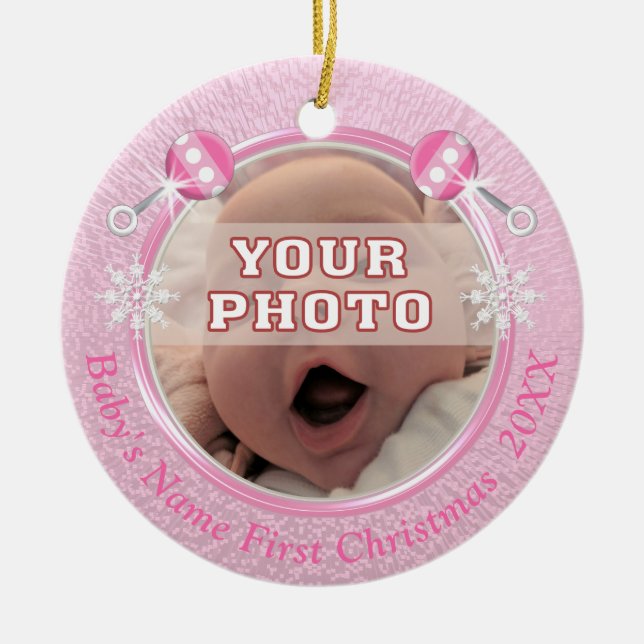 Adorno De Cerámica Primera Navidad del bebé con su FOTO y TEXTO (Frente)