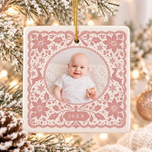 Adorno De Cerámica Primera Navidad del Bebé Dusty Rose Lace Cuadrado