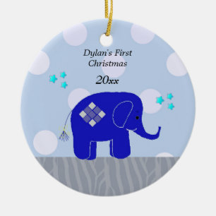 Adorno De Cerámica Primera Navidad del bebé elefante azul