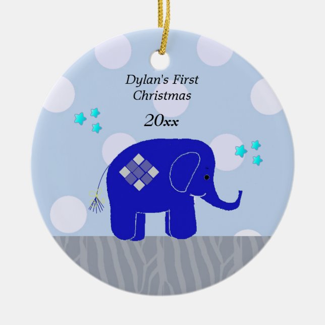 Adorno De Cerámica Primera Navidad del bebé elefante azul (Frente)