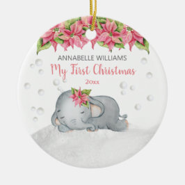 Adorno De Cerámica Primera Navidad del bebé elefante de Poinsettia
