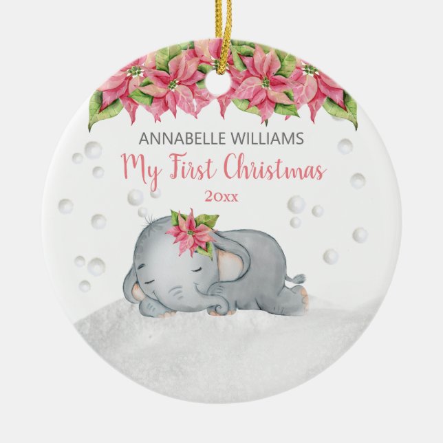 Adorno De Cerámica Primera Navidad del bebé elefante de Poinsettia (Frente)