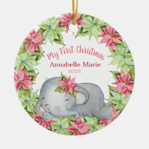 Adorno De Cerámica Primera Navidad del bebé elefante de Poinsettia